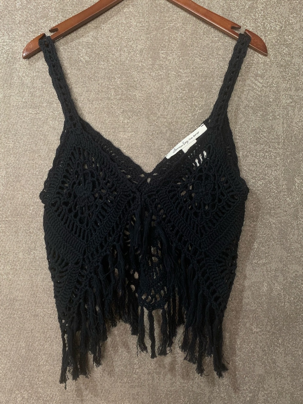 Black Boho Crochet Top with Fringe Hem